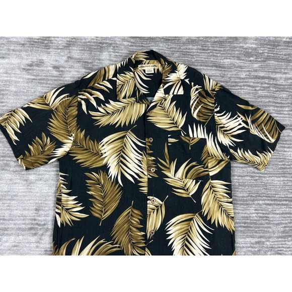 Montego Joe‎ Shirt Mens Large Black Leaf Hawaiian Tropical Camp Polo - Picture 2 of 10